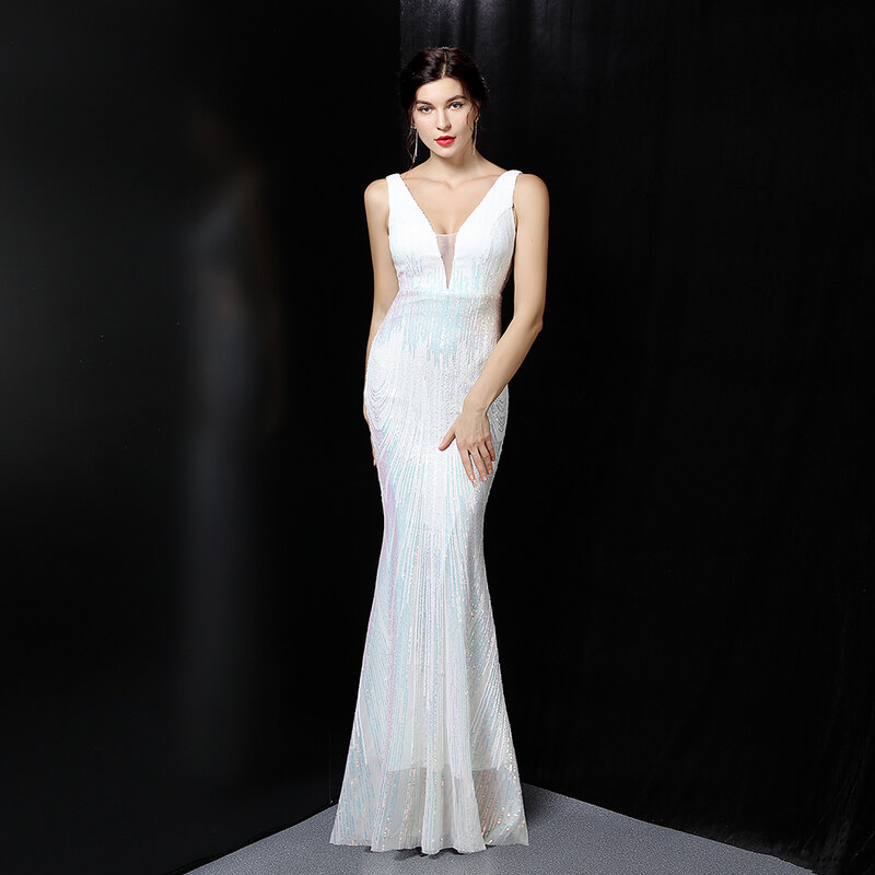 Sparkling Sequins Mermaid Prom Dress Sexy V Neck Sleeveless Robe De Mariée Formal Pageant Wedding Guest Party Evening Gown