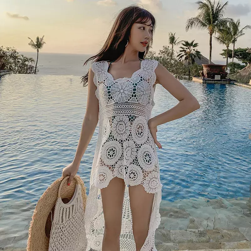 2024 szydełkowa sukienka plażowa koronkowa damska letnia 2022 nadmorska osłona do Bikini Oversize seksowna bez rękawów z wycięciami krótki przód plecami