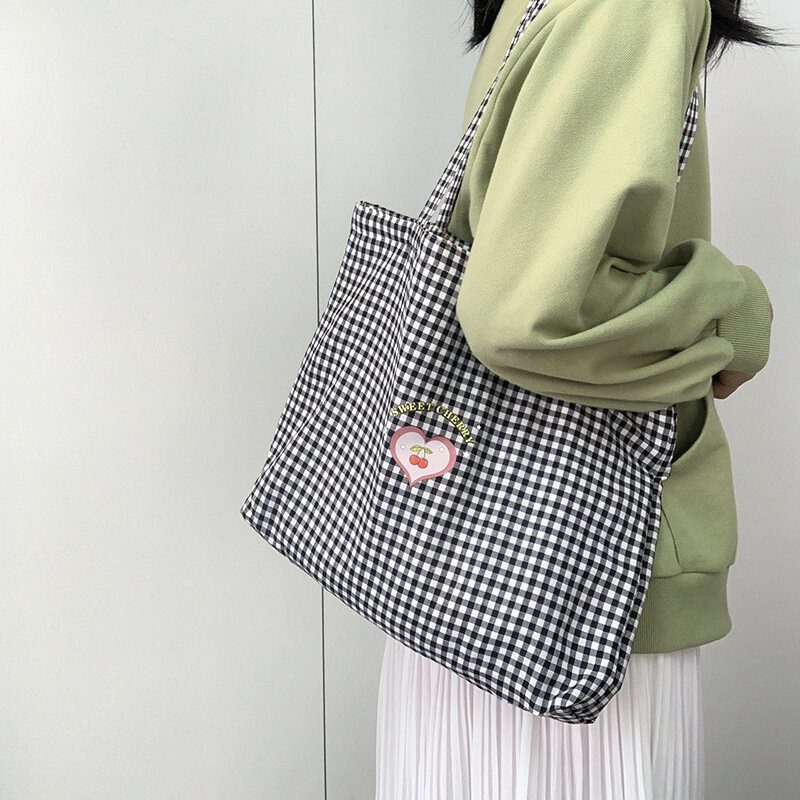 Casual Canvas Bags Handbag for Women Korean Style Summer Shopper Bag Plaid Large Capacity Tote Bag with Zipper Design