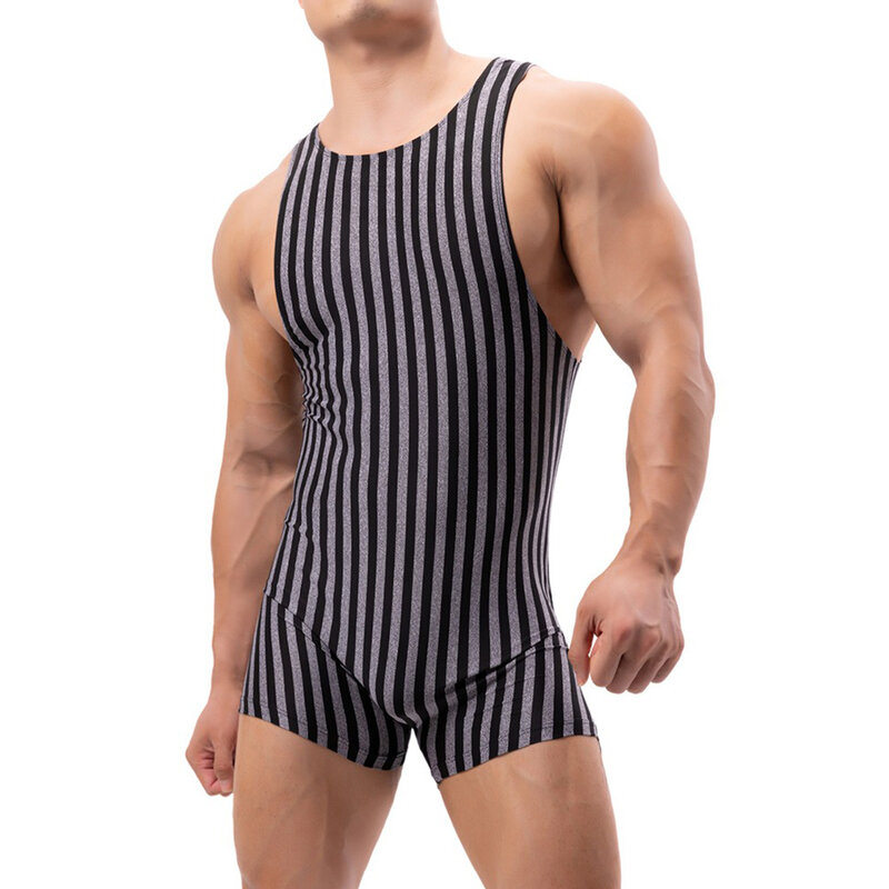 Mens Vertical Striped Sleeveless Fitness Bodysuit Boxers Underwear Singlet Soft Jumpsuits Sports Slim Fit Men Pajamas Sleepwear