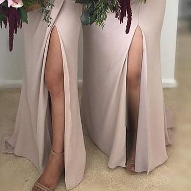 Sexy Sheath Side Slit Maid Of Honor Dresses Simple Satin Spaghetti Straps Bridesmaid Dress Plus Size Women Wedding Party Gown