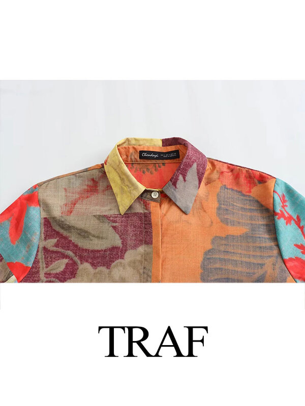 TRAF-Camisa retrô com estampa floral feminina, camisa casual, moda, gola flip, top oculto exclusivo de botão, 9, 4 sem mangas, primavera
