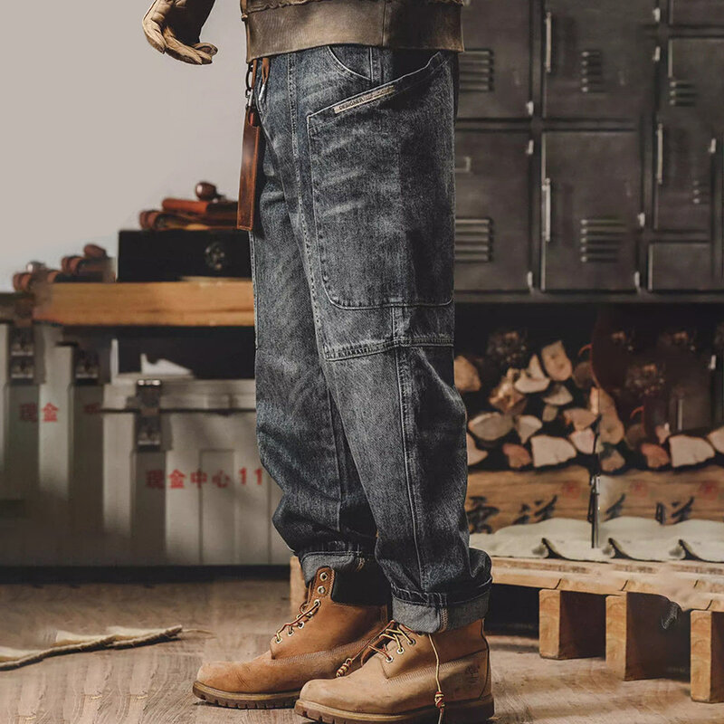 Amerykańskie jeansy wagi ciężkiej męskie kombinezony 2024 jesień nowe modne luźne proste główna ulica Retro duże rozmiary sprane codzienne spodnie