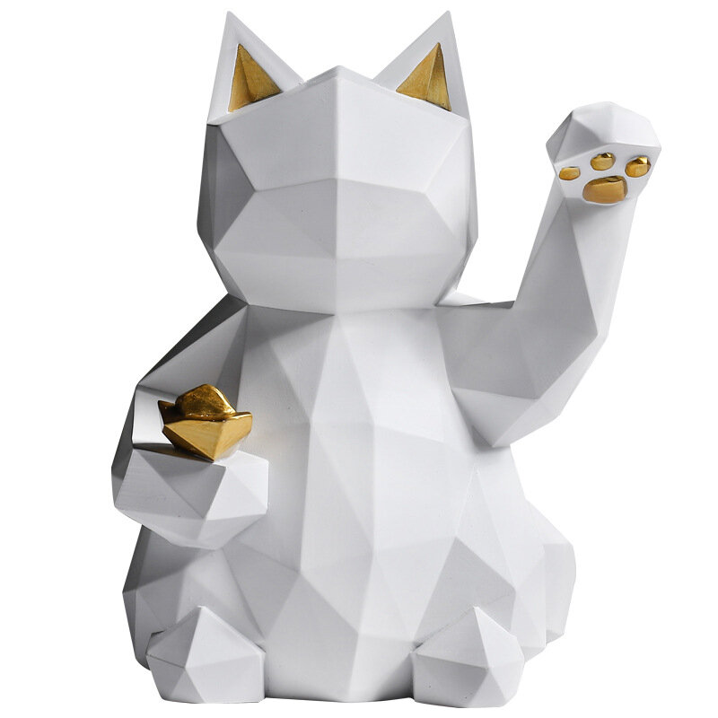 Lucky Cat Statue Animal Figurine Abstract Geometric Style Resin Sculpture Modern Home Office Bar Feng Shui Decor Ornament Gift