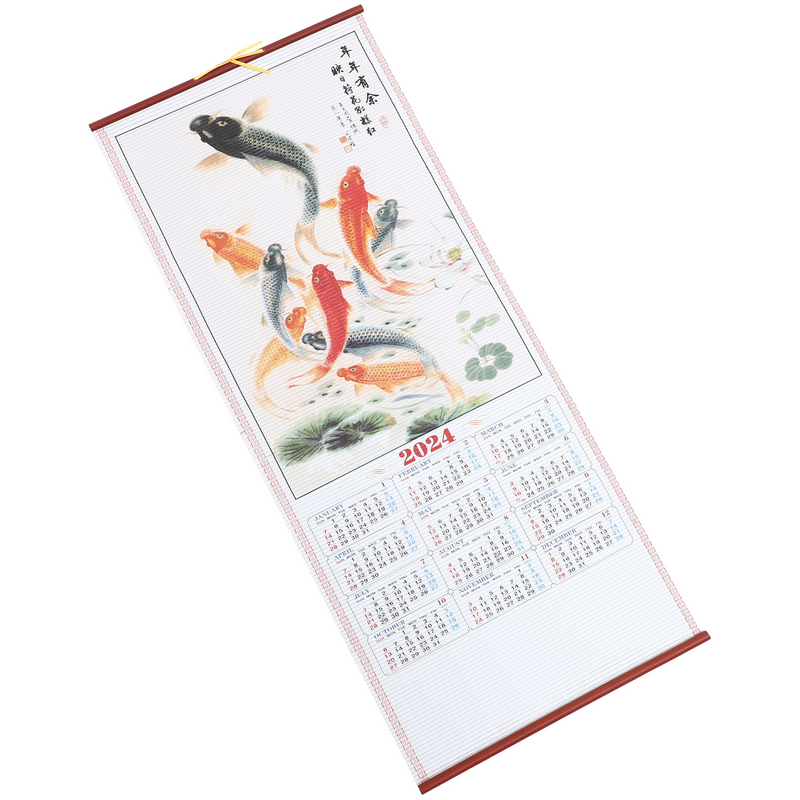 Calendário de parede chinês para escritório, decoração suspensa, imitação de papel rattan, ano do dragão, senhorita, 2024
