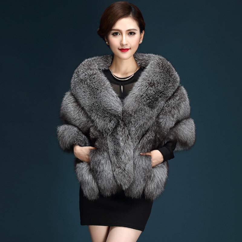 Abrigo de piel de zorro para mujer, chal de Boda nupcial, suave y esponjoso, grueso, cálido, chaqueta de piel