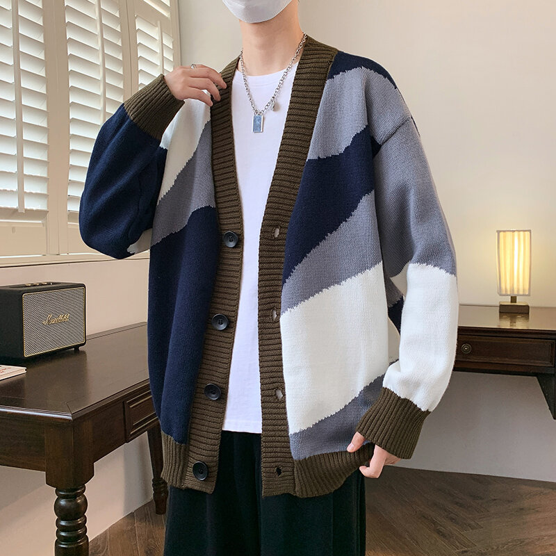 Suéter de malha casual masculino, cardigã de flor torcida espessa, confortável outono e inverno