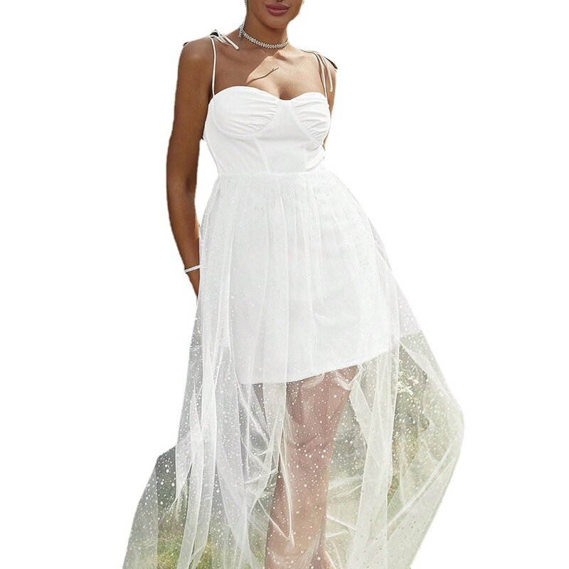 Mesh Hosenträger lange Abend Party Kleid elegante Brautkleider für Frau Ballkleider Rock Robe Hemden und Blusen Frauen
