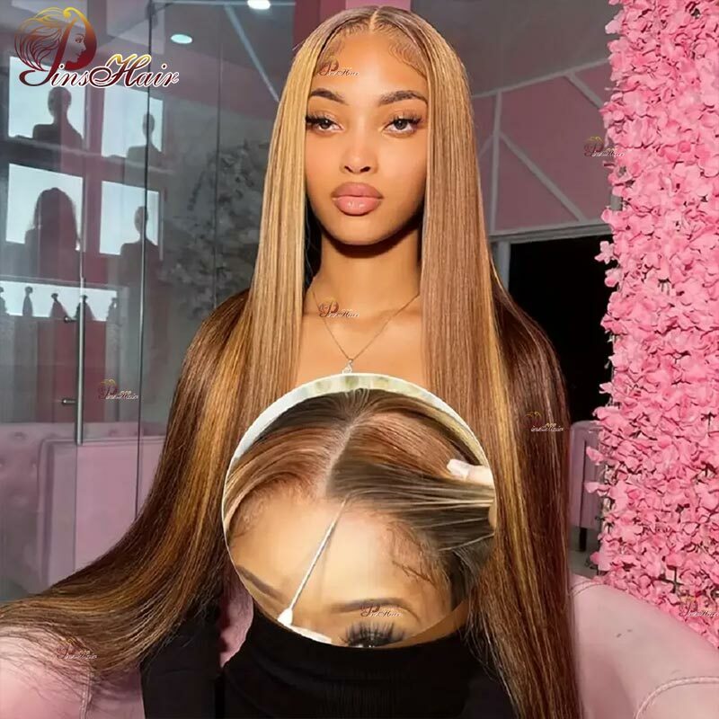Highlight Straight Lace Frontal Human Hair Wigs Honey Blonde P4/27 Colored 13X6 Lace Frontal Wig Remy Hair Pre Plucked For Womem