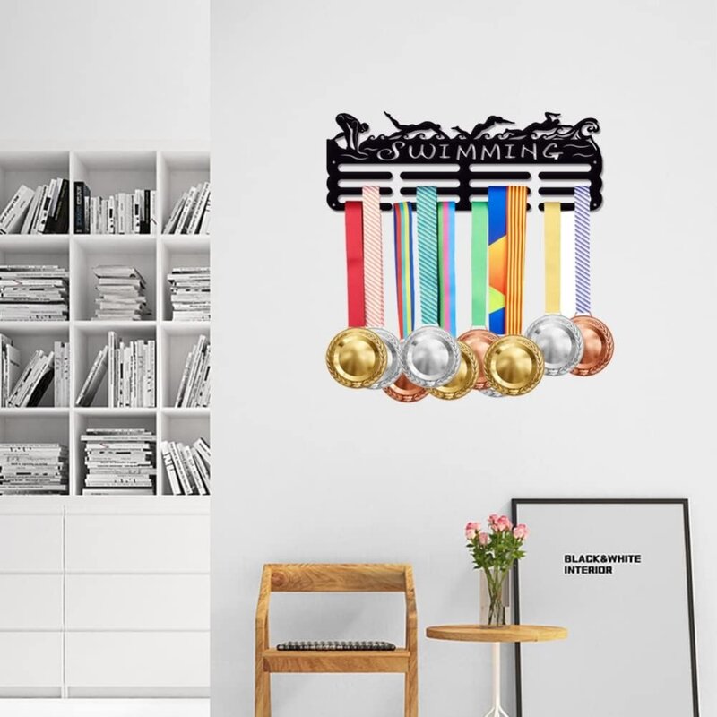 Swimming Medal Holder Display Swimming Trophy Hanger Rack Sports Metal Wall Mount with No Hooks Hang Over 60 Medals Black