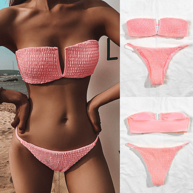 Conjunto de Bikini de encaje liso para mujer, traje de baño de realce acolchado, ropa de playa, 2024