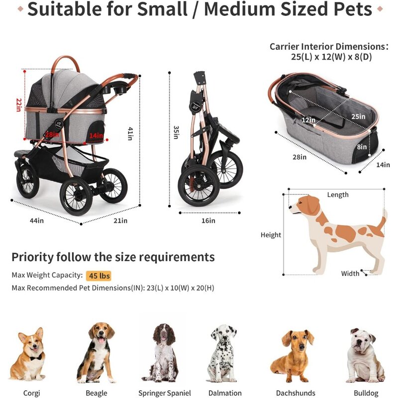 Foldable pet jogging stroller suitable for small and medium-sized dogs and cats, 3-in-1 durable rubber for dog jogging strollers