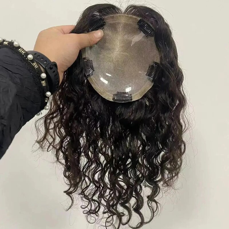 InjTop-Toupet bouclé à la main pour femme, vrais cheveux humains respirants, morceau de cheveux vierges avec clips, 15x17cm