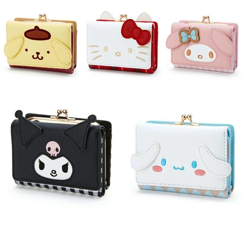 Sanrio Hello Kitty Kuromi My Melody Cinnamoroll-cartera de cuero PU, monedero informal a la moda, bolsos para tarjetas plegables bonitos