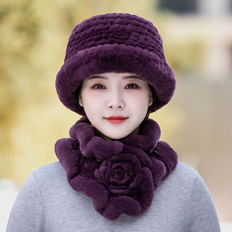 2023 New Rabbit Faux Fur Hat Autumn Winter Ladies Casual Middle-aged Elderly Hats Scarves Warm Thickening Cap