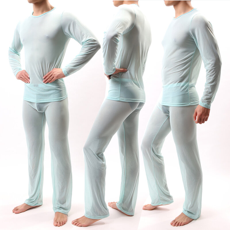 Sexy Fashion Perspective Bodysuit Men's Home Furnishing Long Sleeved Pants Set Solid Color Nightwear Sleepwear Bottom Underwear