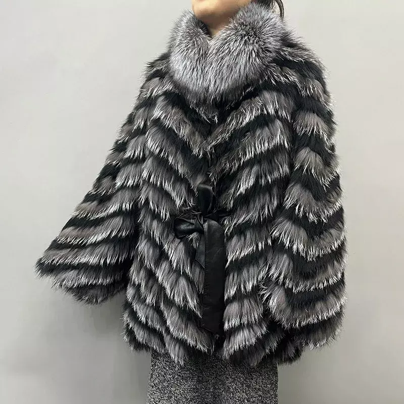 Casacos de pele de raposa real para senhoras, xales de pele natural de luxo, jaquetas listradas, moda novo estilo, inverno, 2024