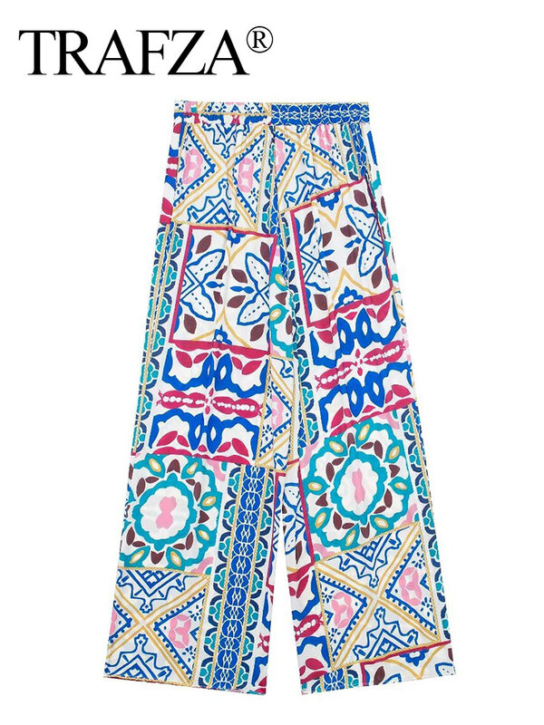 TRAFZA 2024 여성용 프린트 발목 길이 긴 바지, 세련된 포켓 캐주얼 보헤미안 와이드 레그 팬츠 스트리트웨어, 여름 패션