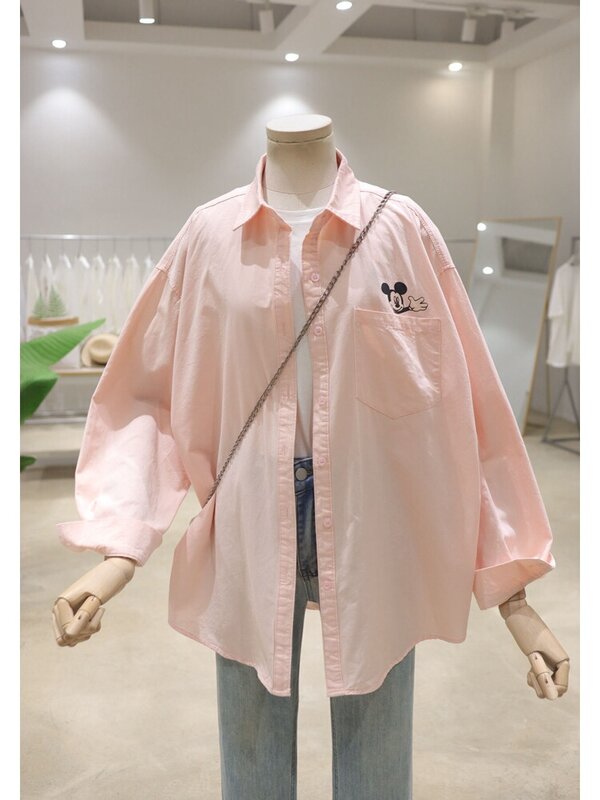 Potdemiel Fresh And Comfortable Back Cartoon Top Blouse 2024 Spring Loose Mid-Length Cotton Long Sleeved Shirt Women's Clothes