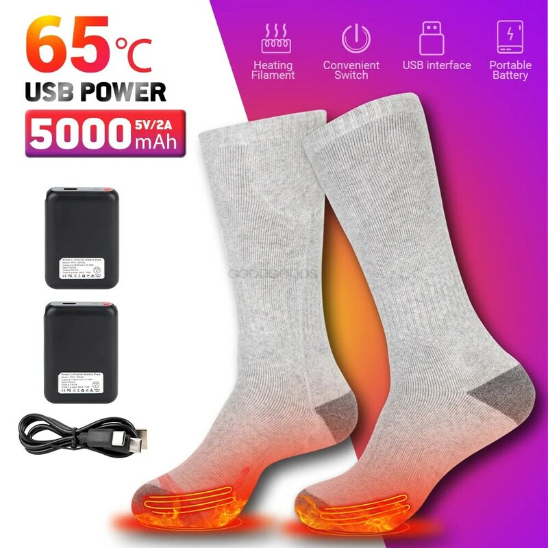 Meias de aquecimento elétrico para mulheres, USB recarregável, pés quentes, inverno, esqui, inverno, 5000mAh