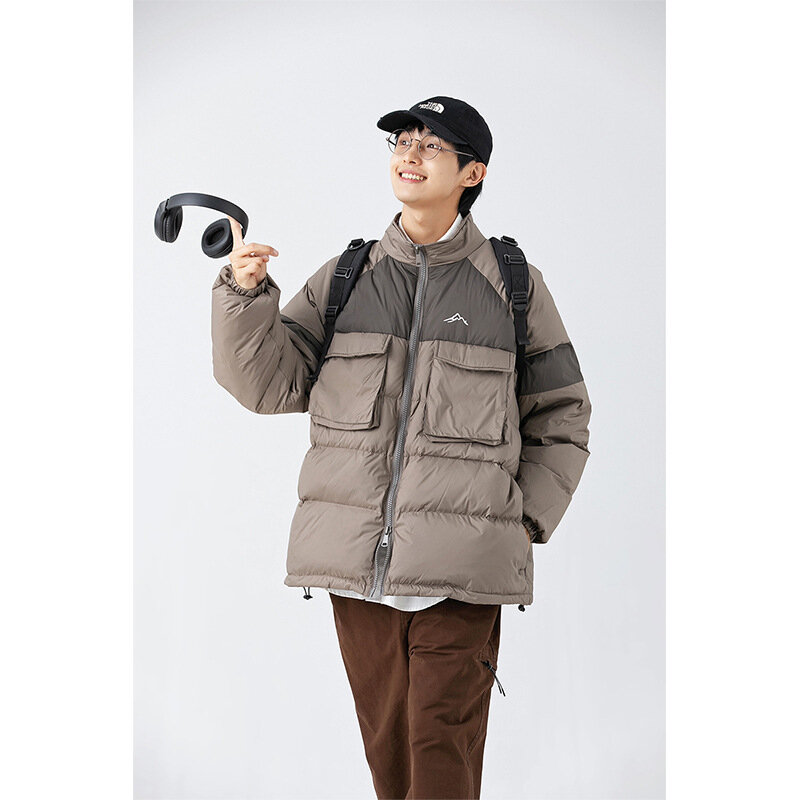 Winter Color Contrast Stitching Stand-up Collar 90 Down Jacket Day Tide Warmth Three-dimensional Multi-pocket Down Jacket Man