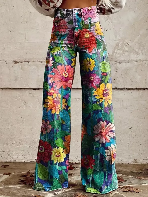 Modne spodnie damskie dżinsy w kwiaty szerokie nogawki z wysokim stanem luźne spodnie damskie cienkie imitacja dżinsów szerokie nogawki