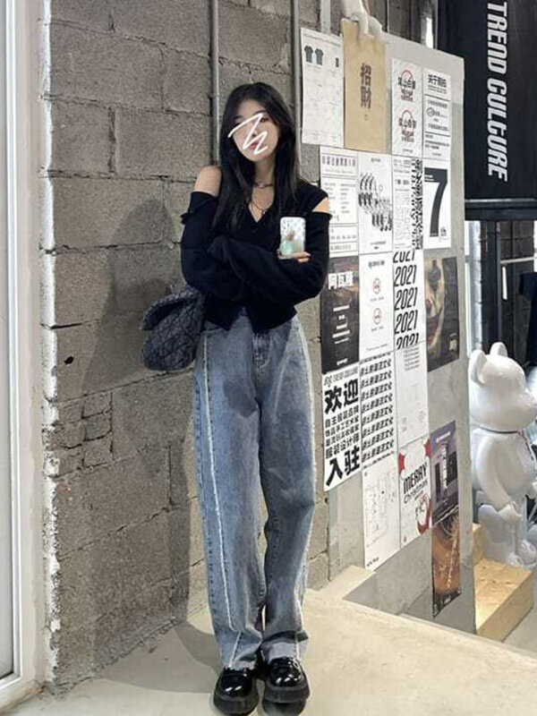 Deeptown Koreanische Mode Übergroßen Strickjacke Frauen Harajuku V-ausschnitt Strick Jumper Süße Sexy Off Schulter Langarm Crop Top Y2K