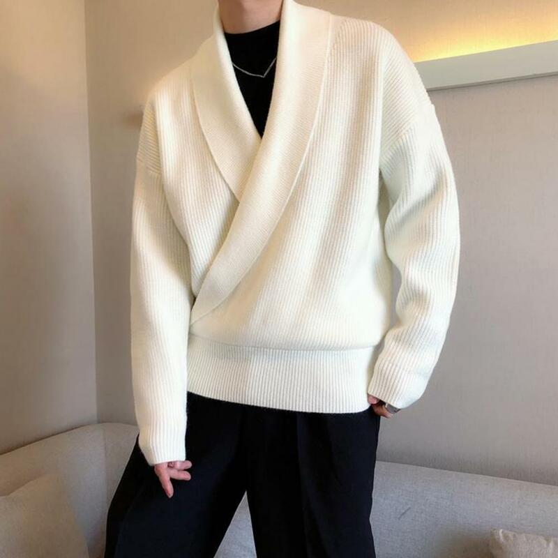 Cozy Solid Color Pullover Elastic Hem Sweater Men's Cross Deep V Neck Knitted Sweater Thick Warm Pullover for Fall Winter Soft