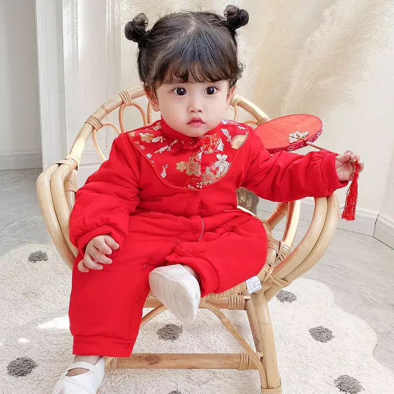 2 цвета, Китайская традиционная одежда из чистого хлопка для маленьких девочек, милый красный комбинезон с вышивкой, Детский новогодний наряд