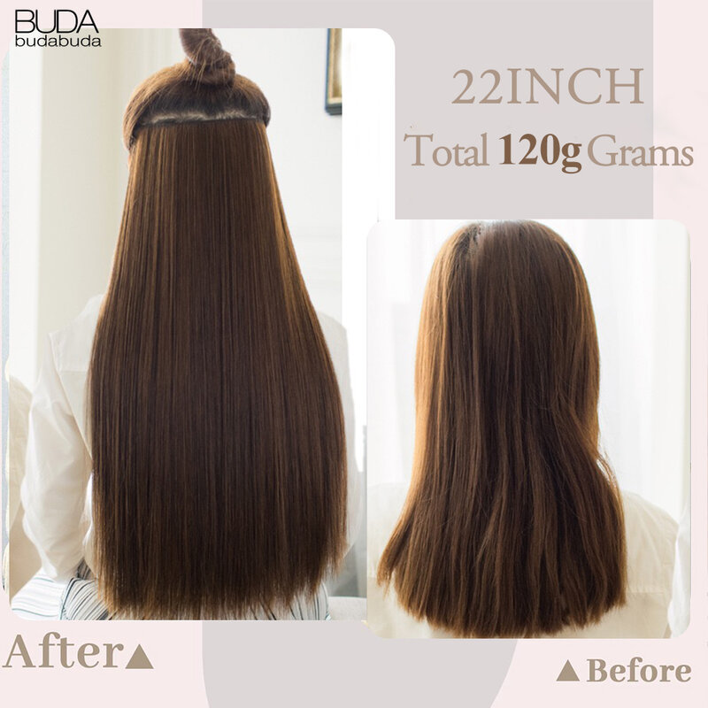 Extensões retas longas do cabelo da fibra sintética para mulheres, 5 grampos, 22 ", penteado vermelho, preto, louro, natural, cabelo falso, hairpiece