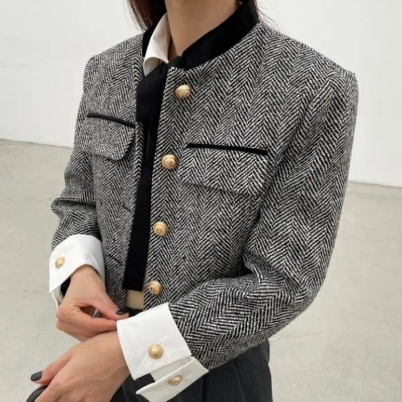 Hdspq botão de metal casacos xadrez para mulher 2023 primavera estilo coreano fino cortado jaqueta mulher bolsos manga longa jaquetas femininas