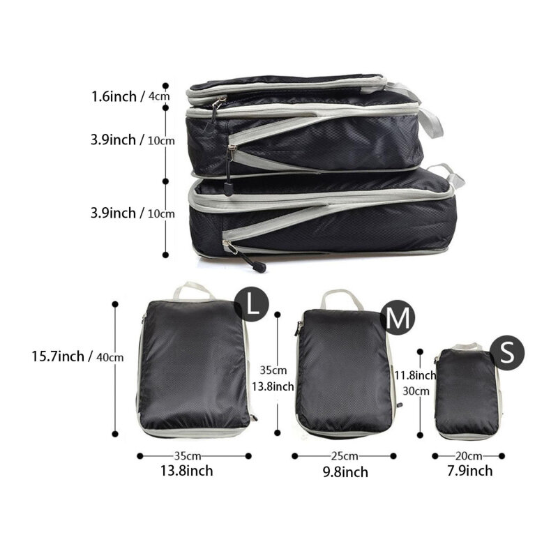 휴대용 압축 포장 여행 보관 가방, 방수 여행 가방, 나일론 및 그리드, 핸드백 수하물 정리함 포함, 3 개/세트