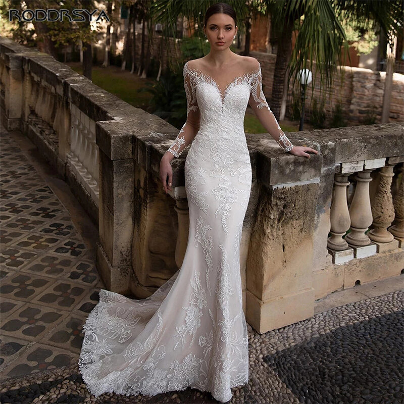 RODDRSYA gaun pengantin ilusi V-Neck gaun pengantin sipil untuk wanita lengan panjang gaun pernikahan Applique gaun seksi Vestidos De Novia 2023