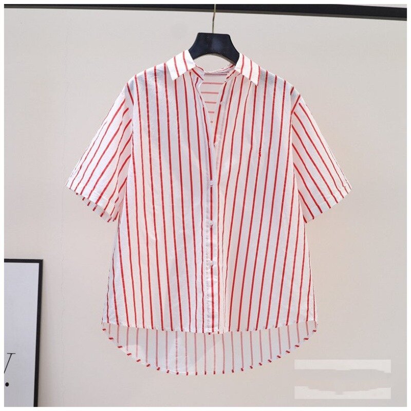 Chemise à manches courtes en pur coton rayé pour femme, patchwork fin, col POLO, bouton, minimaliste, mode décontractée, été, 2024
