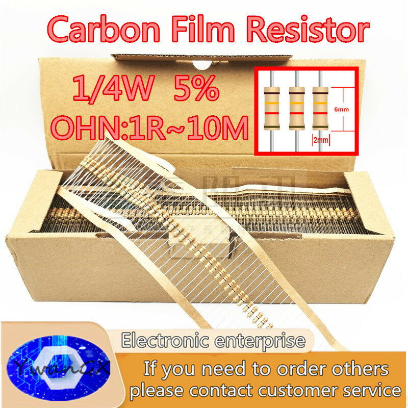 100PCS 1/4W Carbon Film Resistors 5% 1R-10M 10R 47R 100R 220R 1K 10K 4K7 100K 560K 1M 3M3 ohm Color Ring Resistance