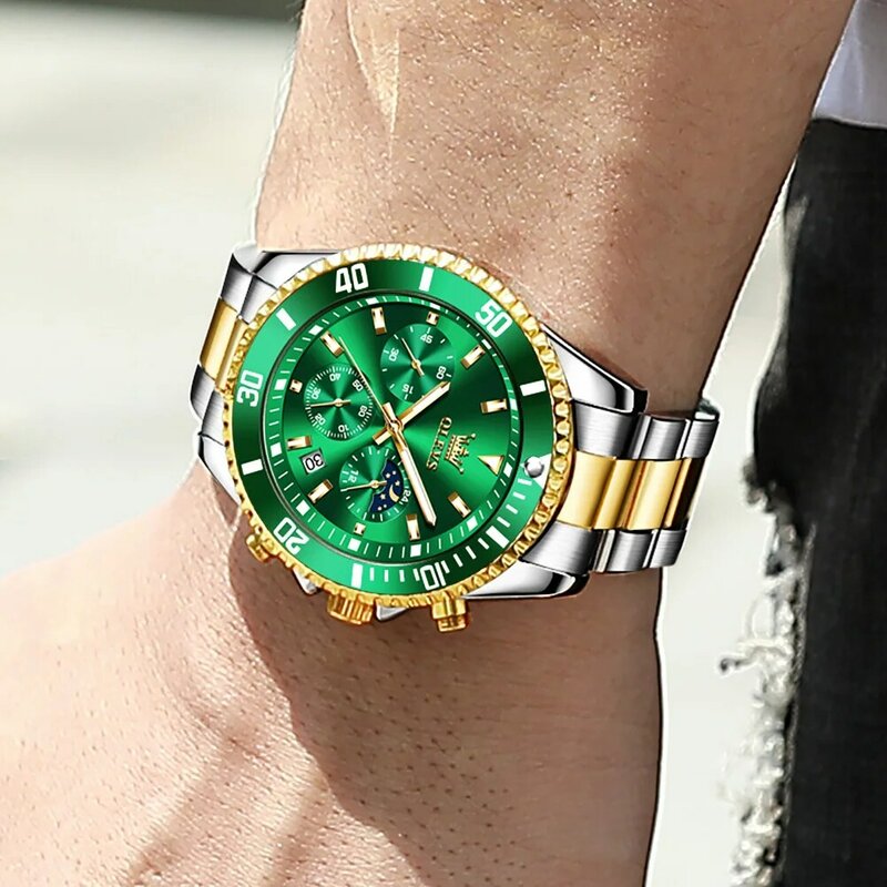 OLEVS นาฬิกาผู้ชายแบรนด์ชั้นนำสไตล์นักบินนาฬิกาข้อมือออริจินอลแฟชั่นสำหรับผู้ชายกันน้ำเรืองแสงเฟสโครโนกราฟ