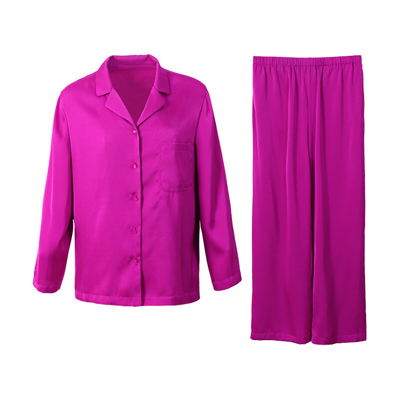 Pijama de seda gelo feminino, cetim, cor sólida, camisa e calças soltas de manga comprida, pijama exterior, roupas de 2 peças