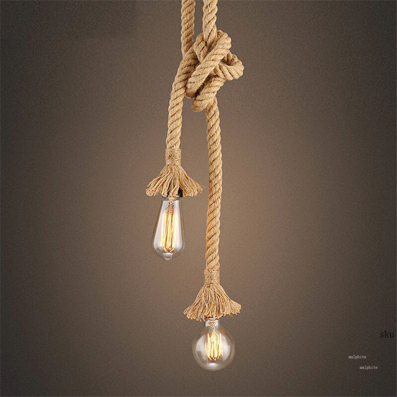 Lâmpada pendente da corda do cânhamo do vintage americano, decoração industrial do restaurante bar café, luzes tecidos à mão, luminárias