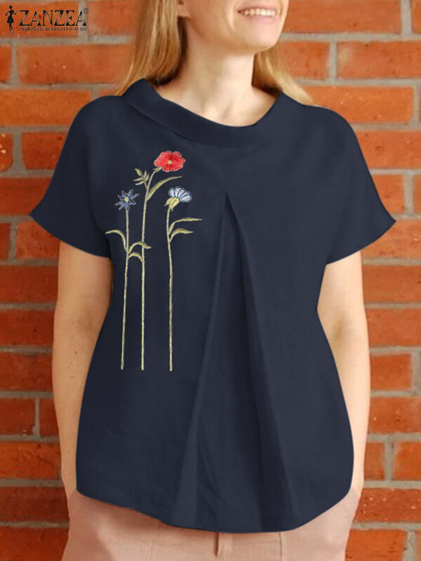 ZANZEA-camisa con bordado Floral para mujer, blusa holgada informal de manga corta con cuello redondo, Estilo Vintage, para verano, 2024