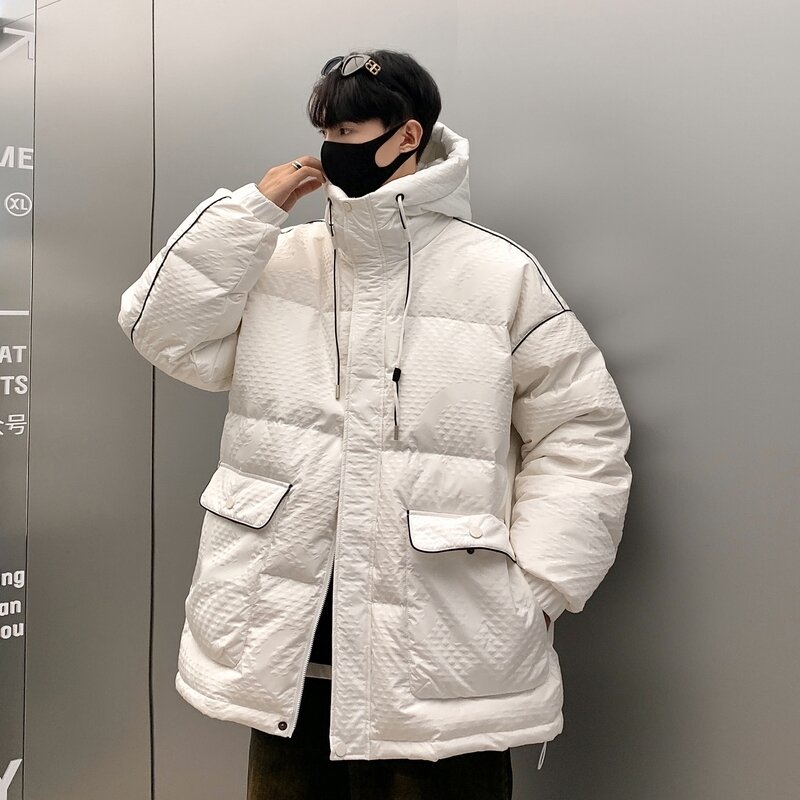 New 2023 Winter Casual Men's Solid White Duck Down Jackets Outwear Loose Warm Hooded Puffer Coats Windbreak Thick Padded Parkas