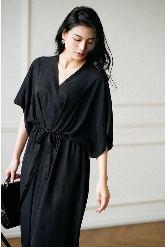 Xiaoqianwater-Vestido com cordão vneck feminino, cintura solta e fina, temperamento espanador, casual, verão