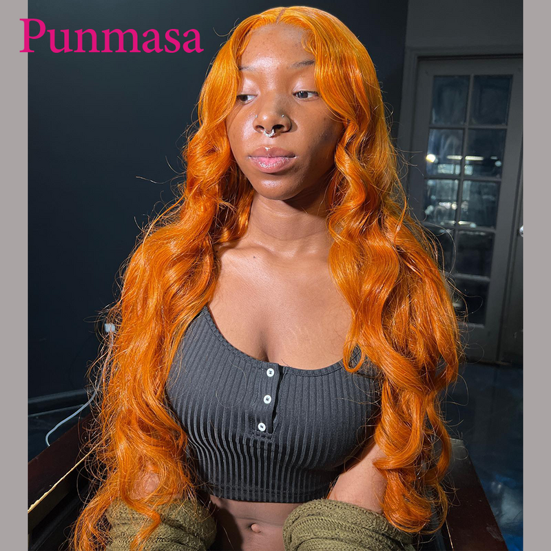 Punmasa 진저 오렌지 페루 헤어 200%, 13x6 레이스 프론트 가발, 바디 웨이브, 13x4 착용, 투명 레이스 가발, 34 인치