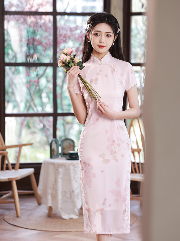 Chinese Style Pink Print Mandarin Collar Beading Lace Qipao Women Vintage Classic High Split Cheongsam