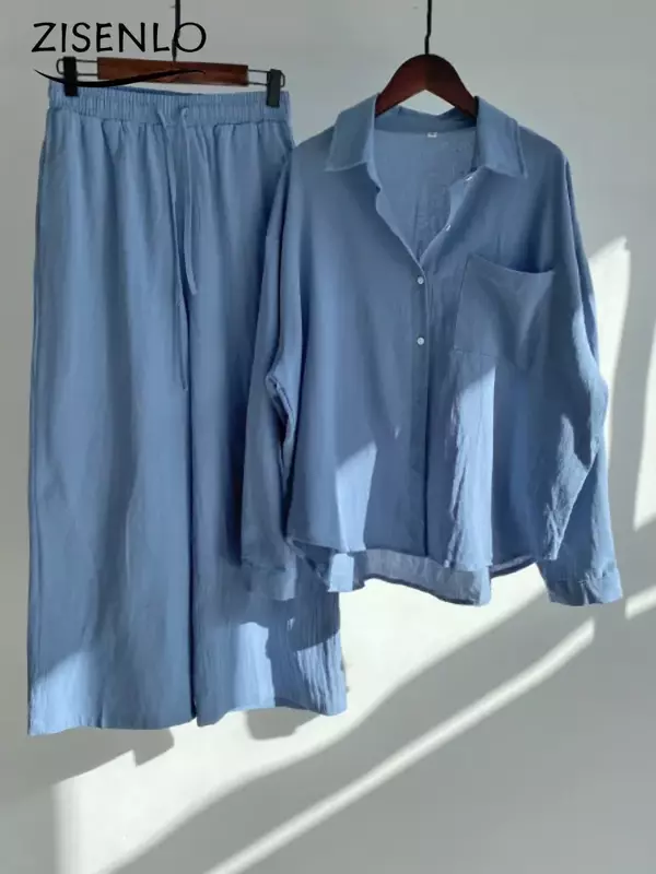 Camisa casual e calças soltas de cintura alta para mulheres, conjuntos de pingentes, novo, primavera, verão, 2024