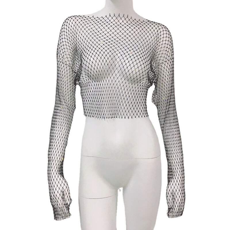 Women's Fashion Rhinestone Mesh Long Sleeved T-Shirt Top Sexy Party Fishing Net Cover Up For Women