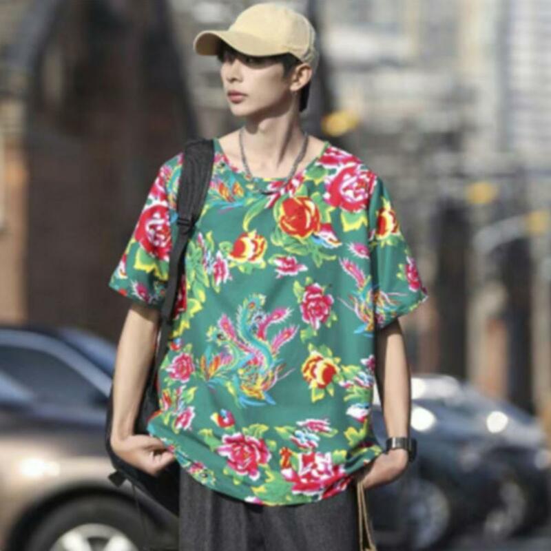 Moisture-wicking Outfit Chinese Ethnic Style Men's Floral Print Outfit Set with O-neck Short Sleeve Top Wide Leg Shorts for A