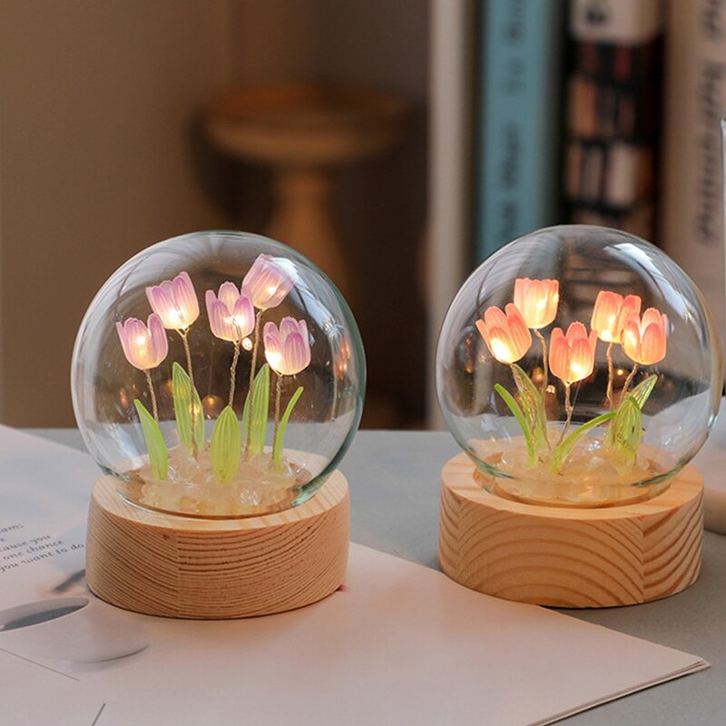 Lámpara Floral hecha a mano para dormitorio, luz nocturna de tulipán, Material de bricolaje, decoración de habitación, regalo del Día de San Valentín