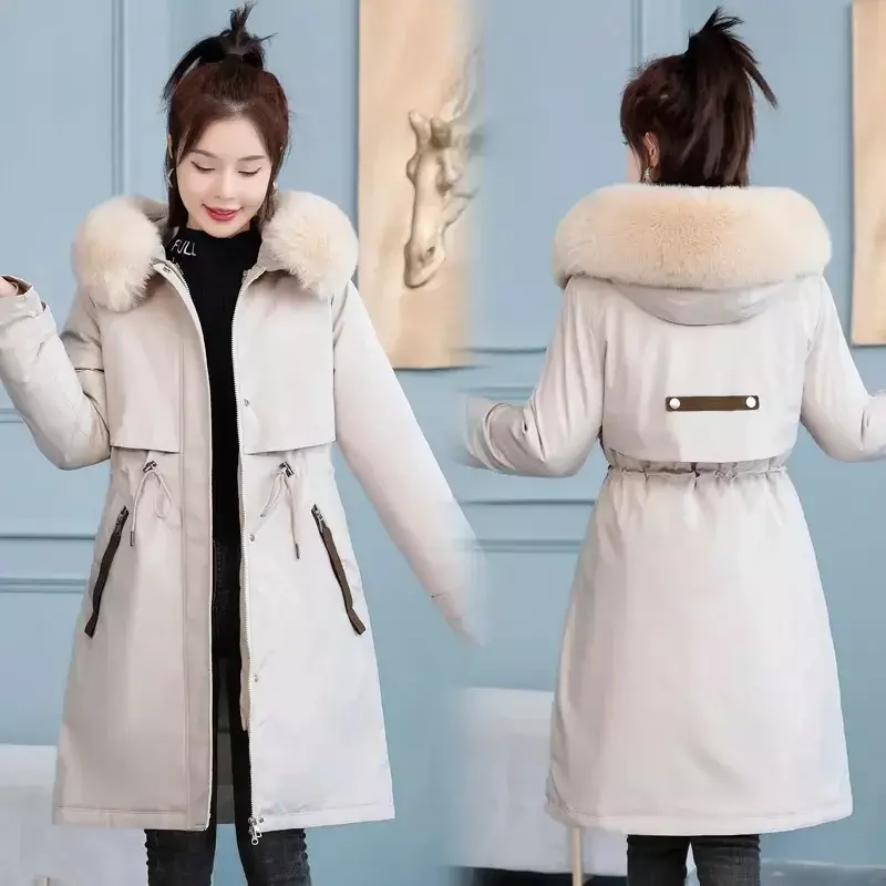 Kurtka zimowa damska długi płaszcz koreańska moda parki z futrzanym kołnierzem ciepła podszewka odzież na śnieg usztywniane codzienne odzież damska nowy 2024