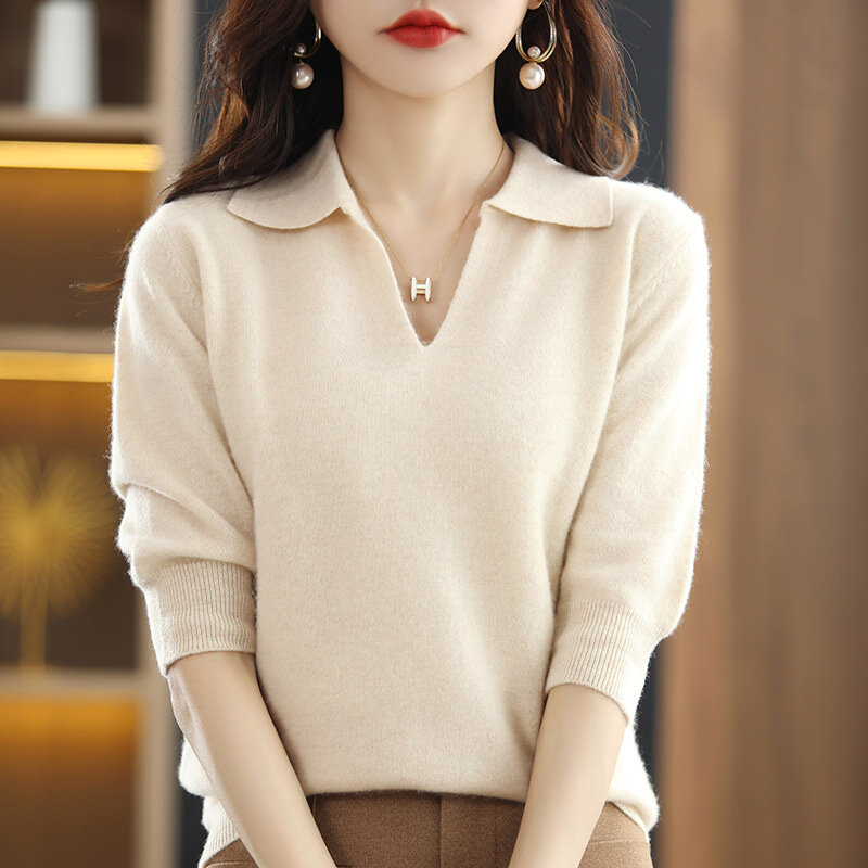 Women's Top Cashmere Sweater Spring And Autumn New T-Shirt 100% Pure Wool Knitted Sweater Loose Thin Pullover Short Sleeve Trend