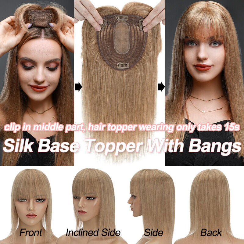 Kuin-Straight Silk Base Toupee Topper para mulheres, grampo de cabelo, 100% extensão do cabelo humano, perucas com franja